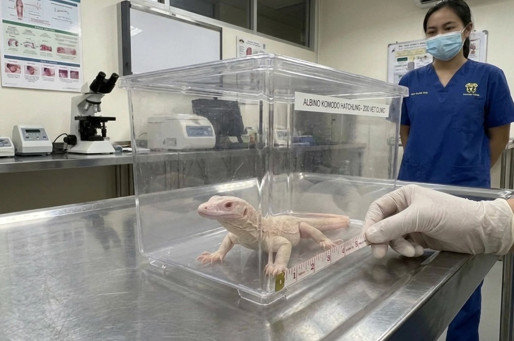 Albino Komodo dragon hatchling at Colchester Zoo